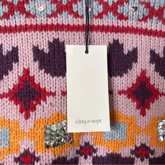 CINQ‎ a SEPT Gianni Fair Isle Sweater Burgundy Wool Sequins Geometric small NEW - Picture 6 of 10